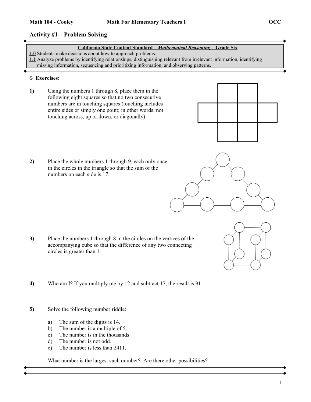 Math 104 - Cooley Math for Elementary Teachers I OCC