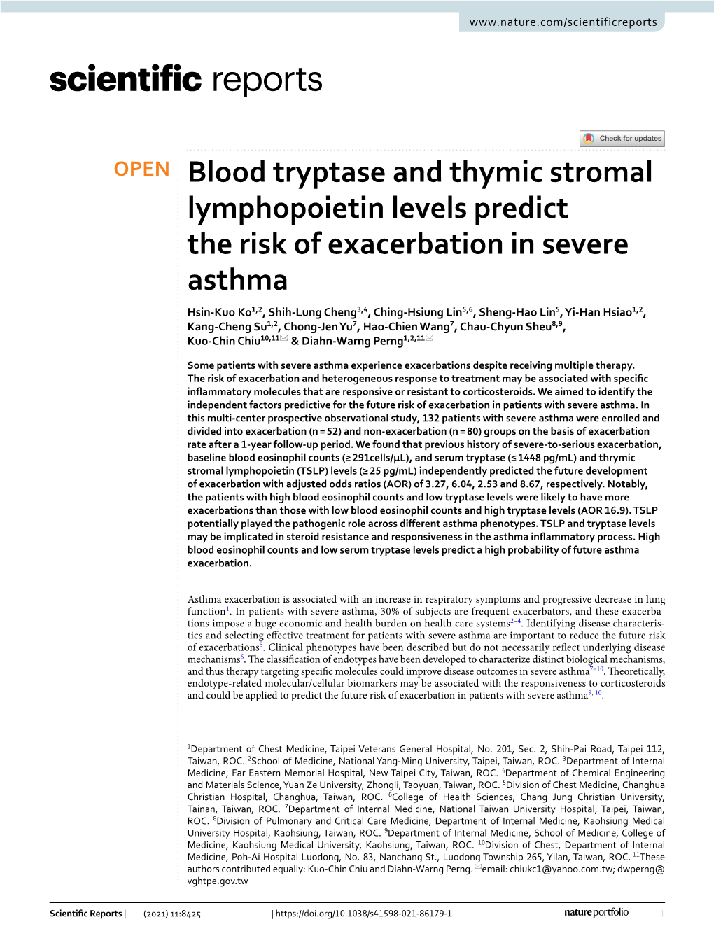 Blood Tryptase and Thymic Stromal Lymphopoietin Levels Predict the Risk of Exacerbation in Severe Asthma