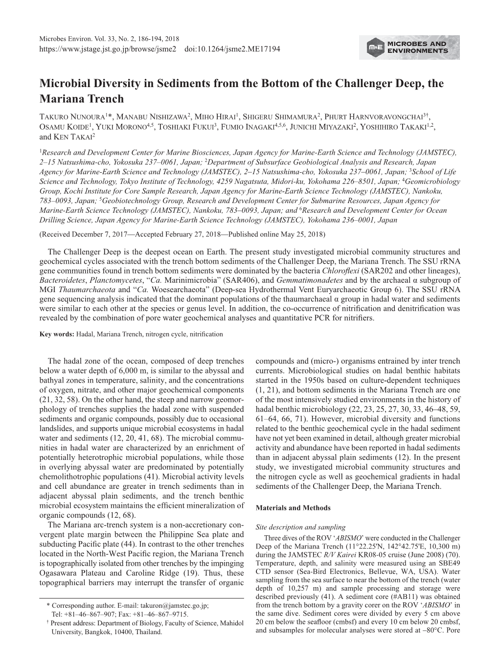 Microbial Diversity in Sediments from the Bottom of the Challenger Deep, the Mariana Trench