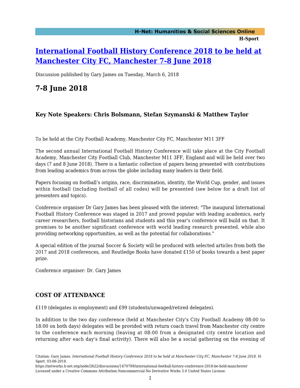 International Football History Conference 2018 to Be Held at Manchester City FC, Manchester 7-8 June 2018