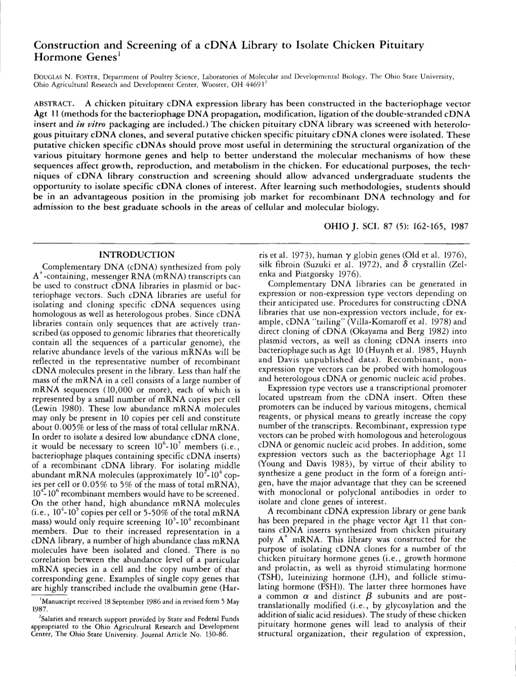 Construction and Screening of a Cdna Library to Isolate Chicken Pituitary Hormone Genes1