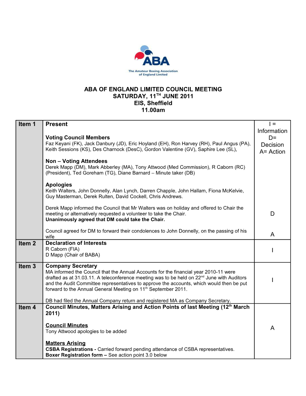 Aba of England Limited Council Meeting