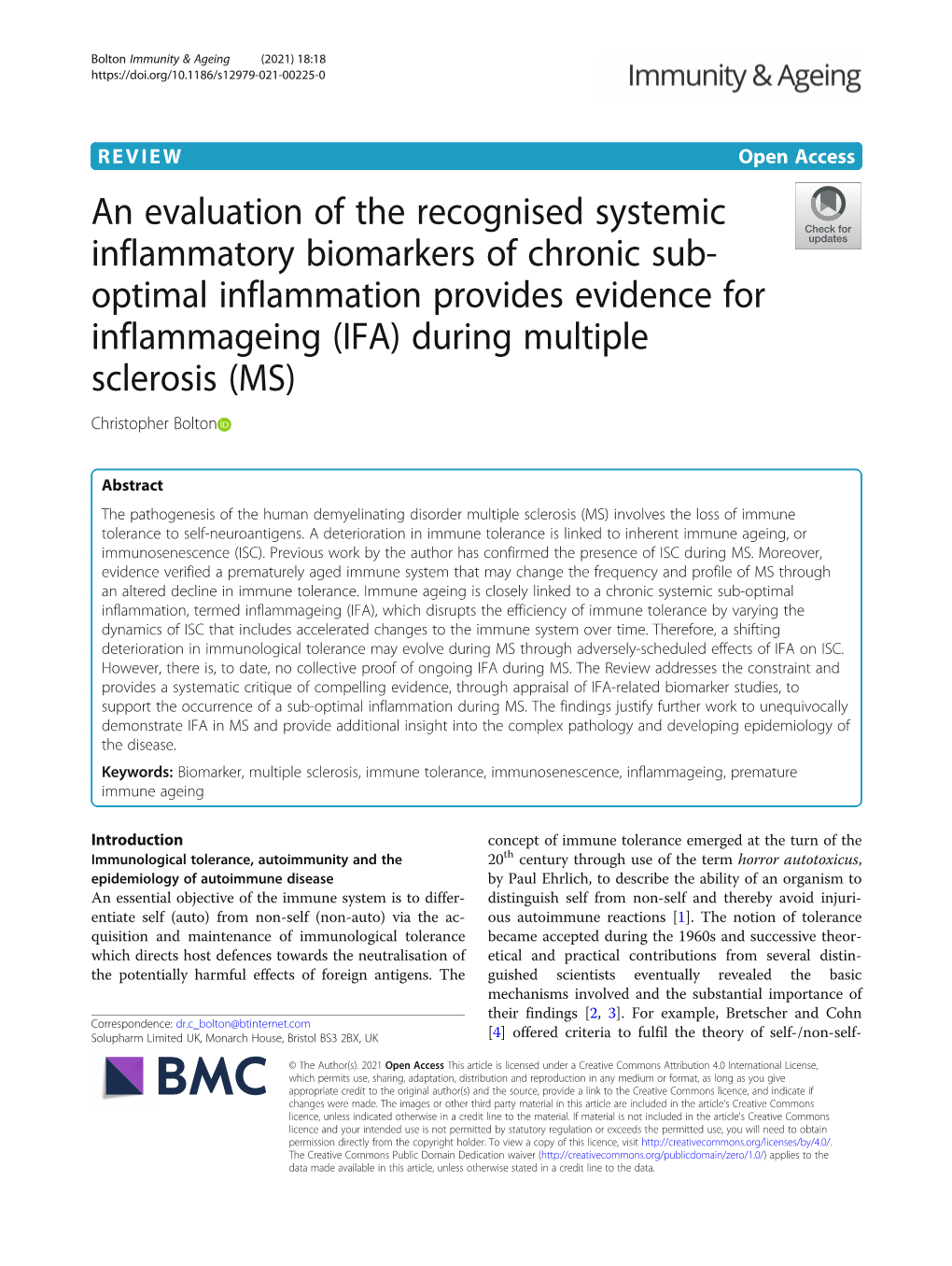 Optimal Inflammation Provides Evidence for Inflammageing (IFA) During Multiple Sclerosis (MS) Christopher Bolton