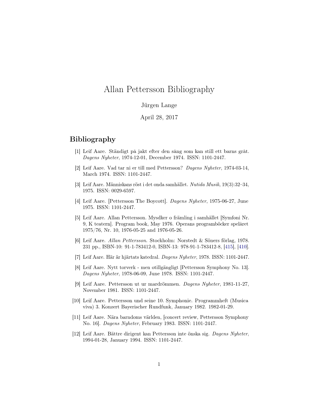 Allan Pettersson Bibliography