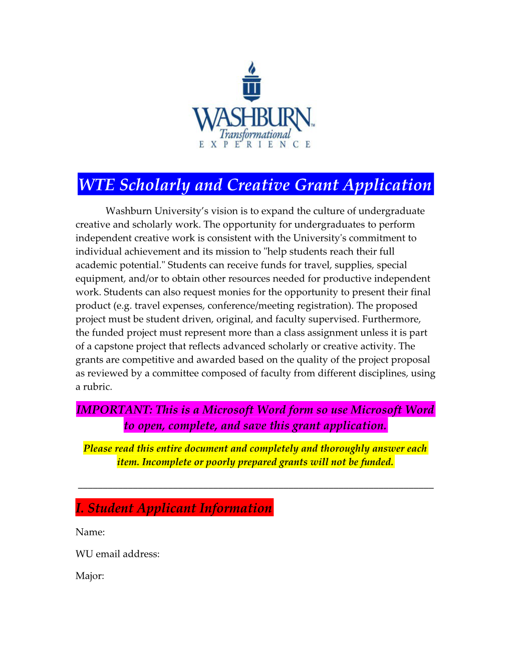 WTE Scholarly and Creative Grant Application