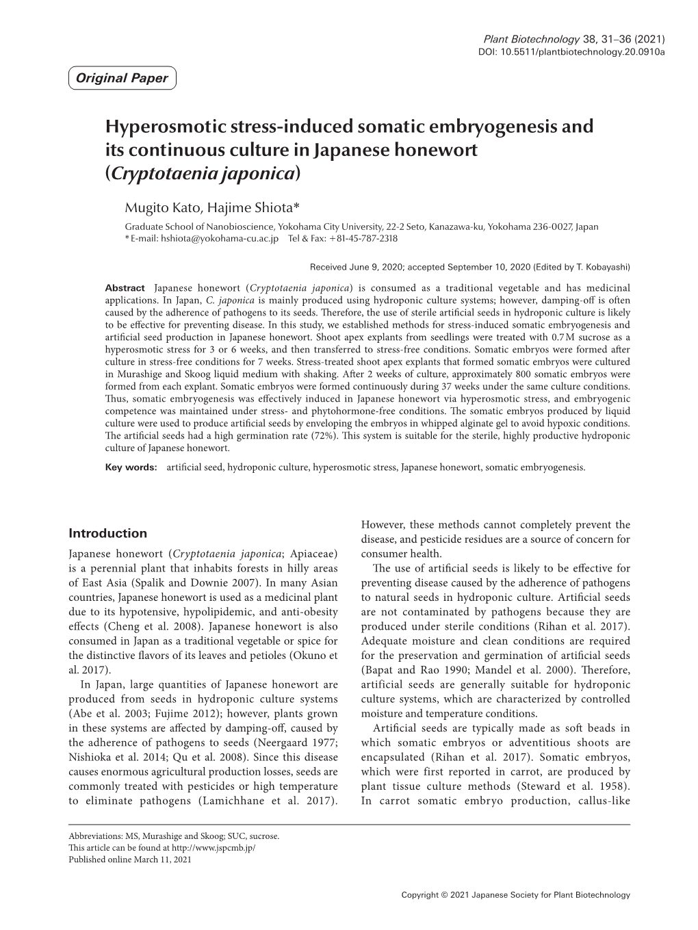 Hyperosmotic Stress-Induced Somatic Embryogenesis and Its Continuous Culture in Japanese Honewort (Cryptotaenia Japonica)