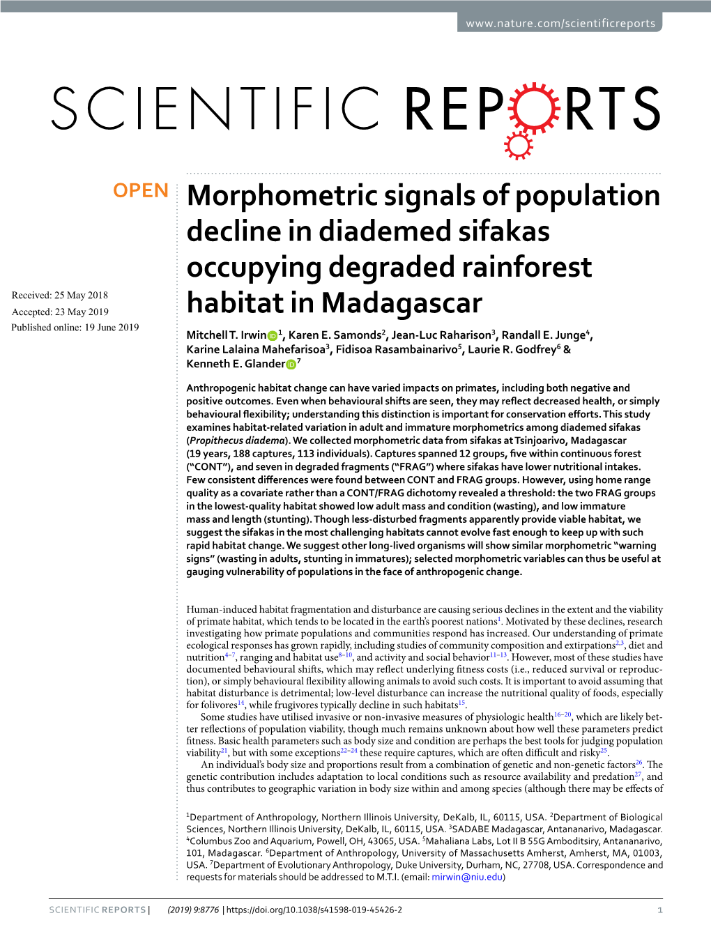 Morphometric Signals of Population Decline in Diademed Sifakas Occupying Degraded Rainforest Habitat in Madagascar