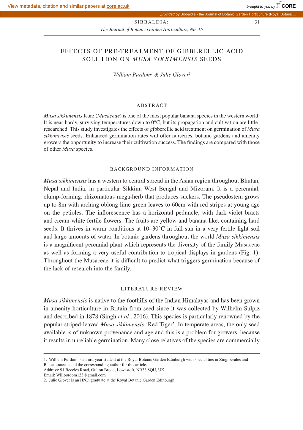 Effects of Pre-Treatment of Gibberellic Acid Solution on Musa Sikkimensis Seeds