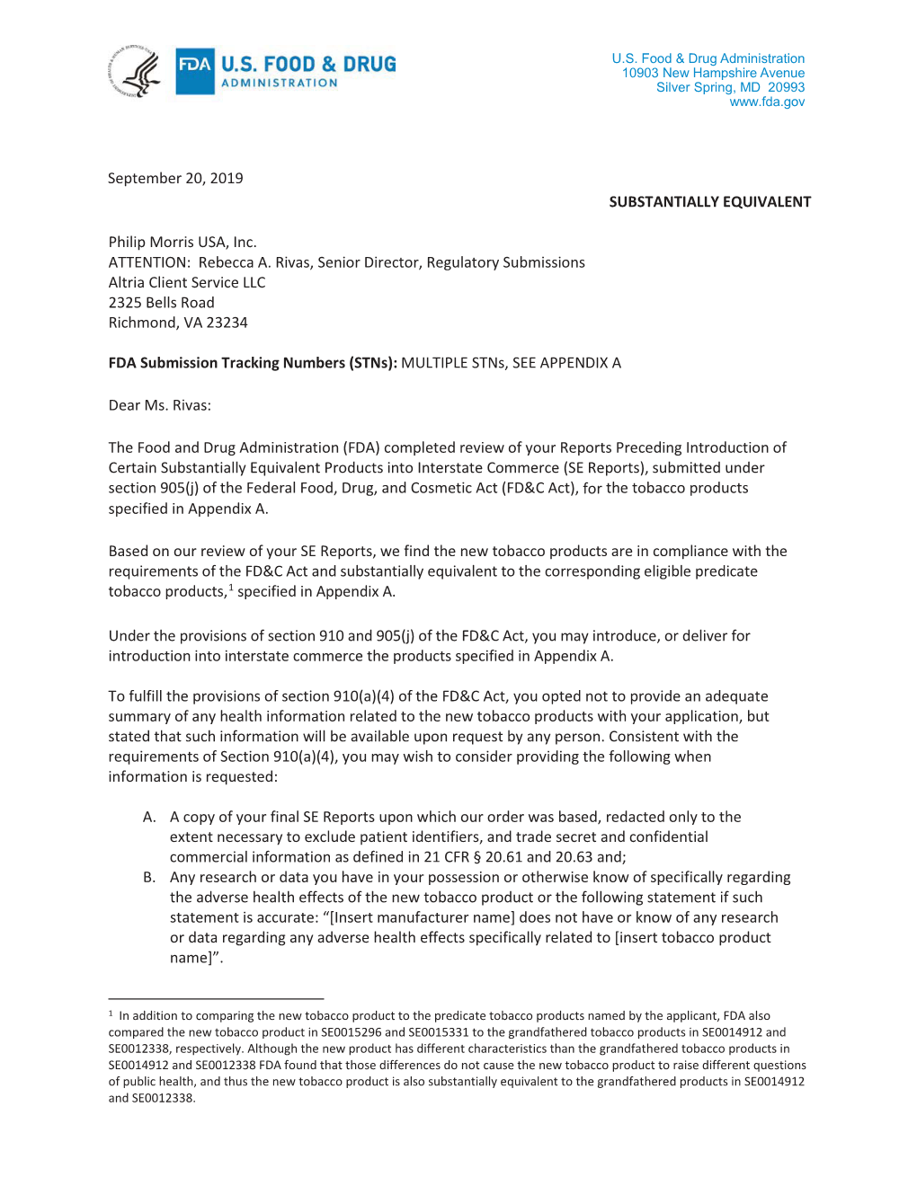 Substantially Equivalent Letter from FDA CTP to Philip Morris USA, Inc