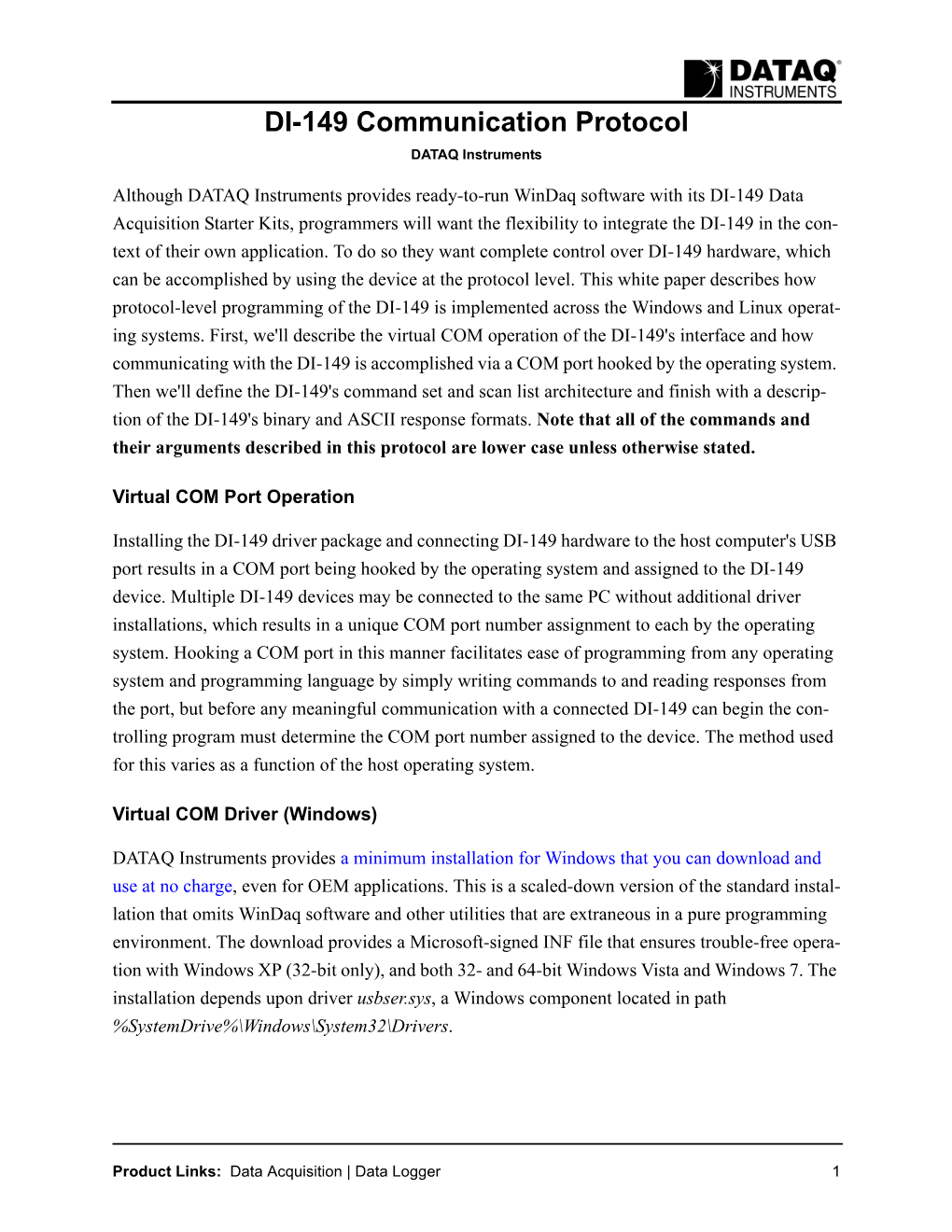 DI-149 USB Data Acquisition Communication Protocol