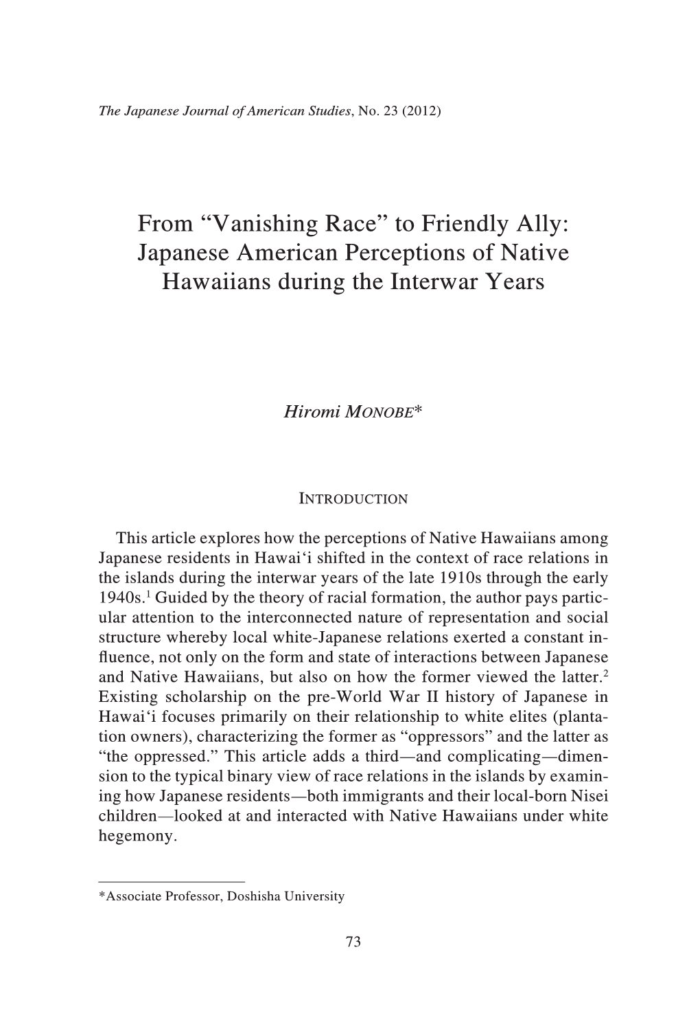 From “Vanishing Race” to Friendly Ally: Japanese American Perceptions of Native Hawaiians During the Interwar Years