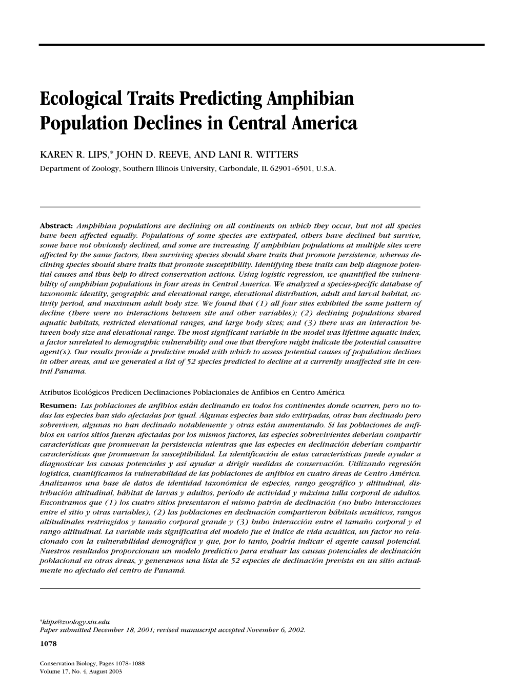 Ecological Traits Predicting Amphibian Population Declines in Central America