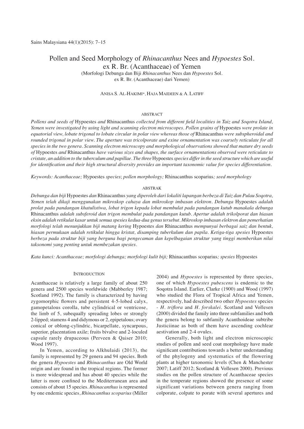 Pollen and Seed Morphology of Rhinacanthus Nees and Hypoestes Sol