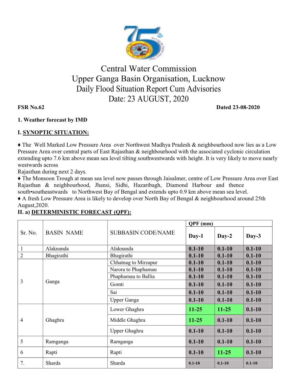 Central Water Commission Upper Ganga Basin Organisation, Lucknow Daily Flood Situation Report Cum Advisories Date: 23 AUGUST, 2020 FSR No.62 Dated 23-08-2020