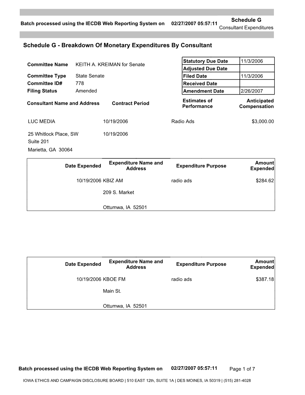 Schedule G Batch Processed Using the IECDB Web Reporting System on 02/27/2007 05:57:11 Consultant Expenditures