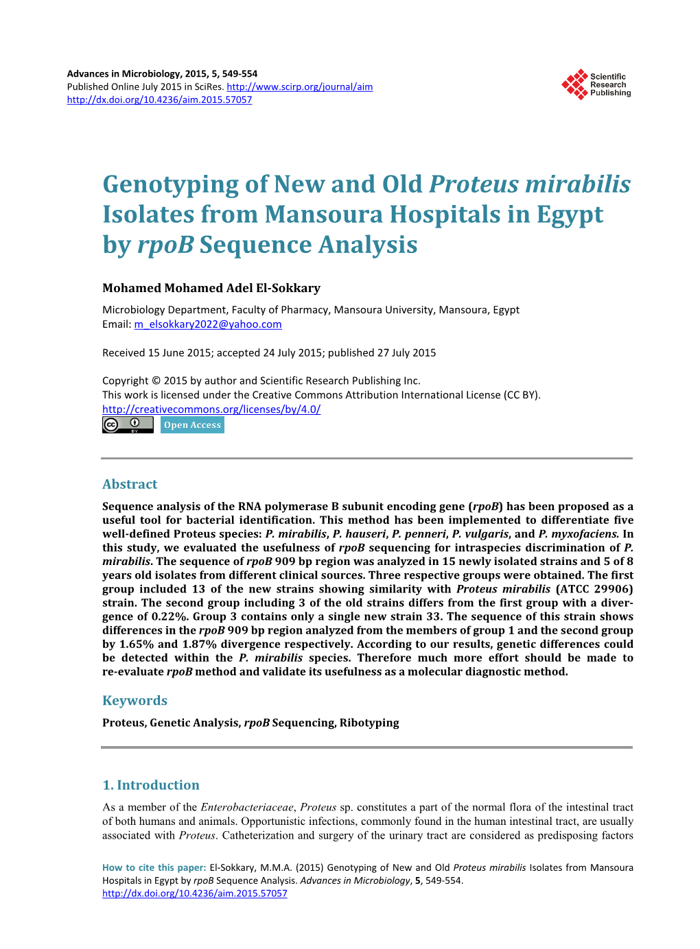 Genotyping of New and Old Proteus Mirabilis Isolates from Mansoura Hospitals in Egypt by Rpob Sequence Analysis