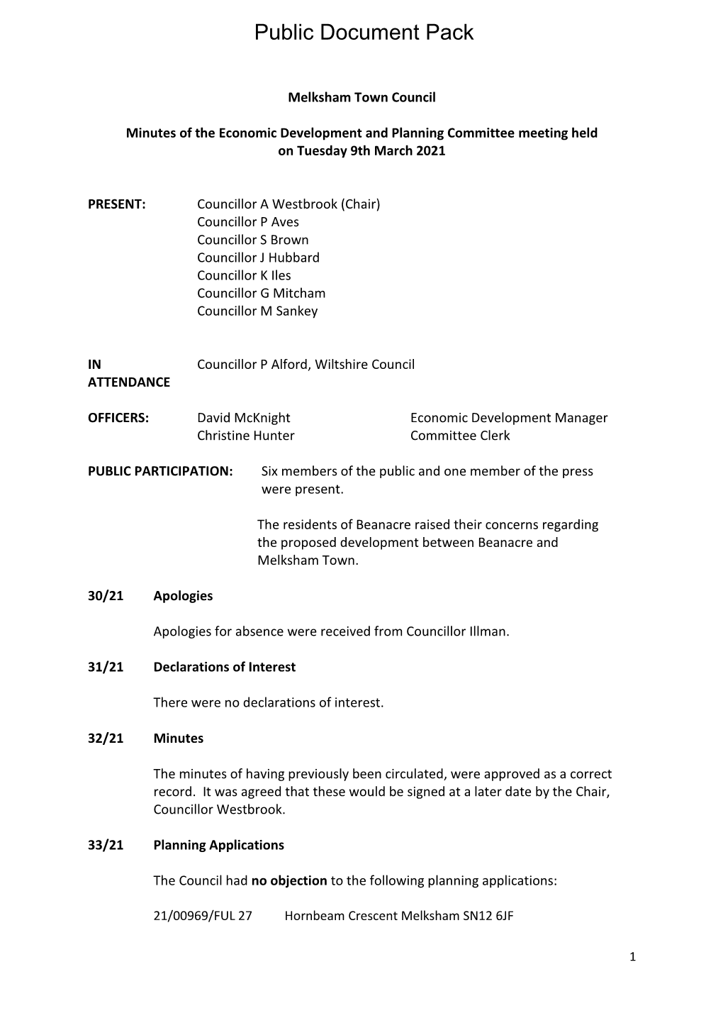 (Public Pack)Minutes Document for Economic Development and Planning Committee, 09/03/2021 19:00