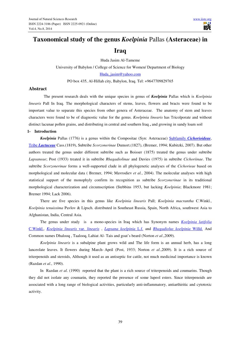 Taxonomical Study of the Genus Koelpinia Pallas (Asteraceae) in Iraq