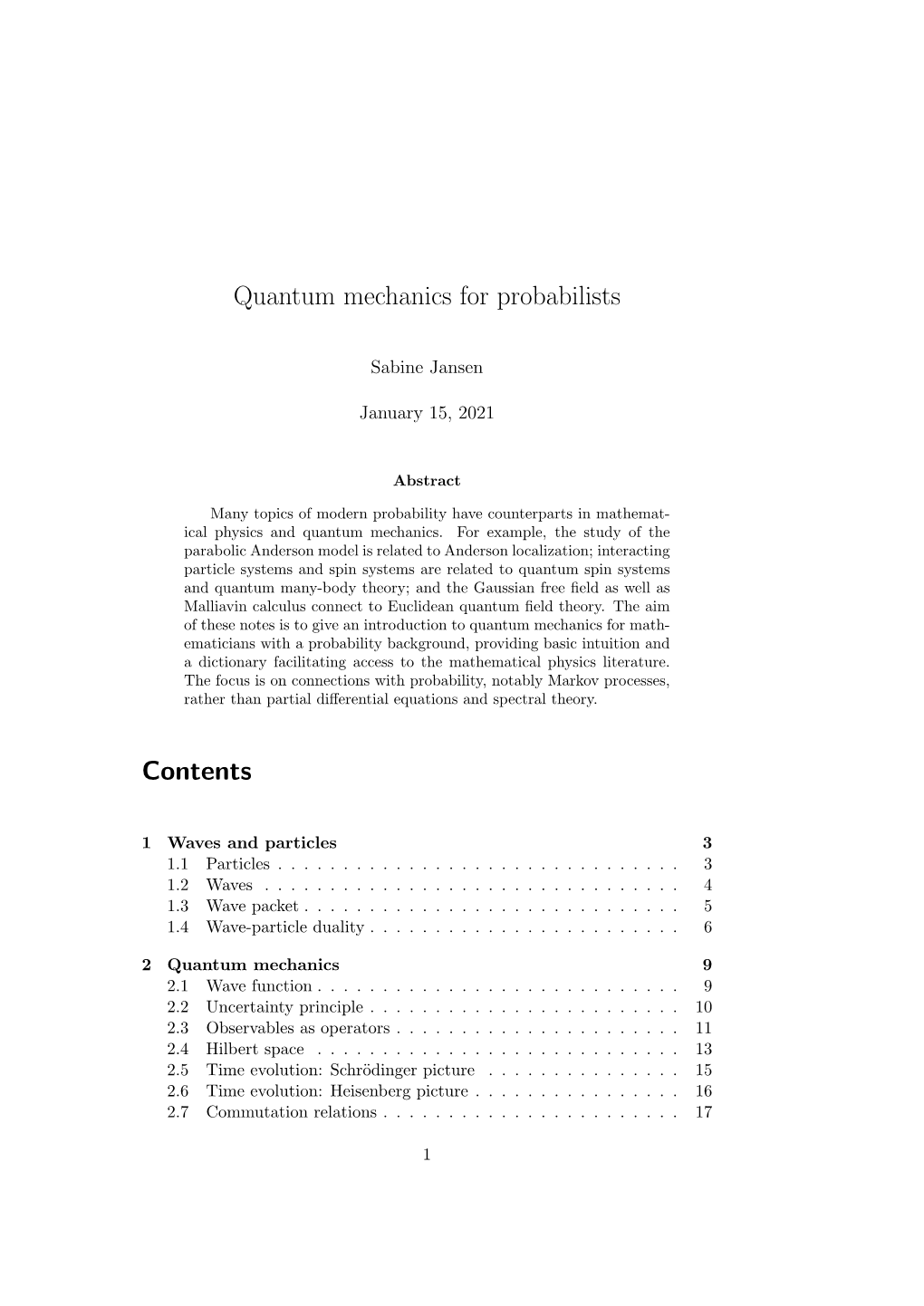 Quantum Mechanics for Probabilists Contents