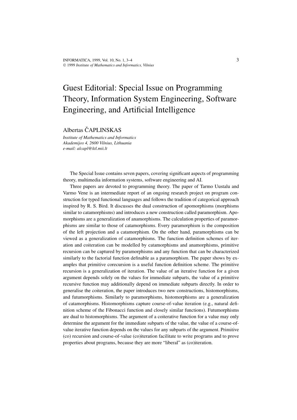 Special Issue on Programming Theory, Information System Engineering, Software Engineering, and Artiﬁcial Intelligence