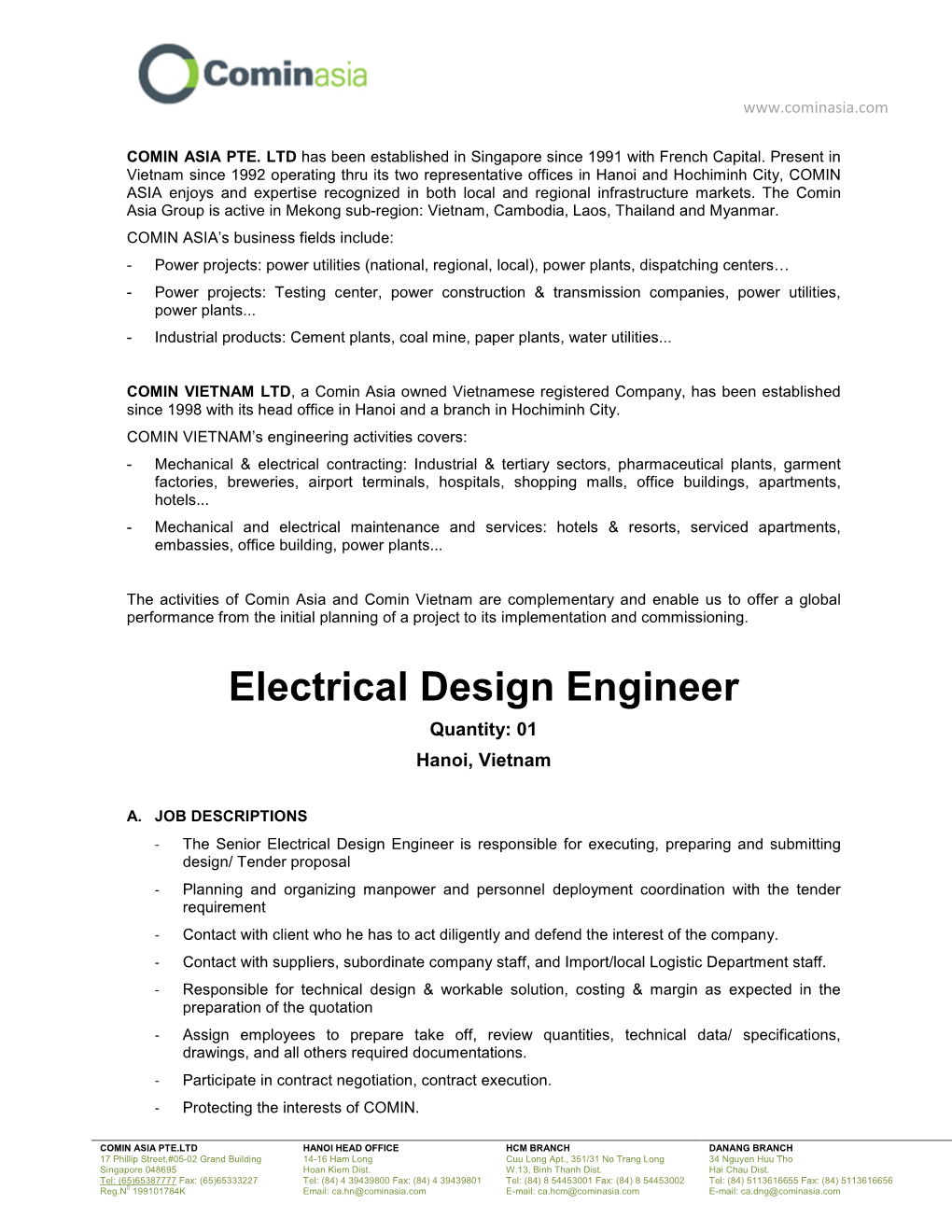 Electrical Design Engineer Quantity: 01 Hanoi, Vietnam