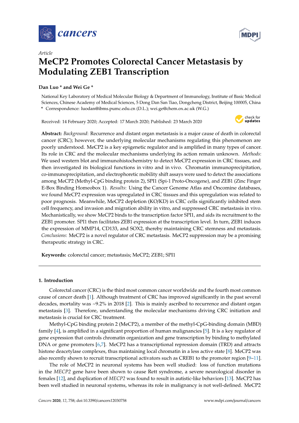 Mecp2 Promotes Colorectal Cancer Metastasis by Modulating ZEB1 Transcription