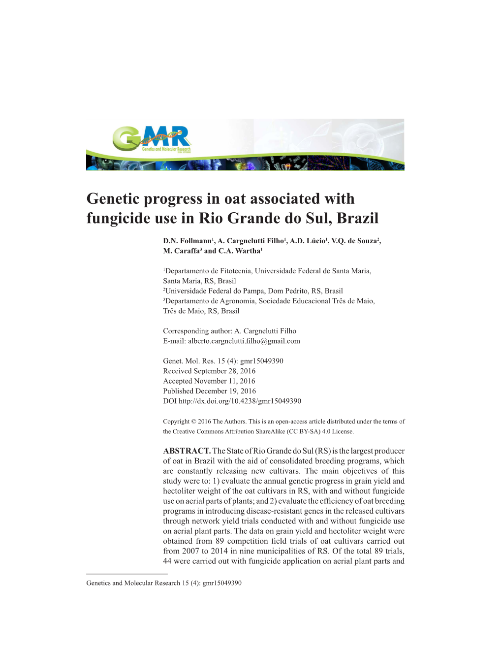 Genetic Progress in Oat Associated with Fungicide Use in Rio Grande Do Sul, Brazil