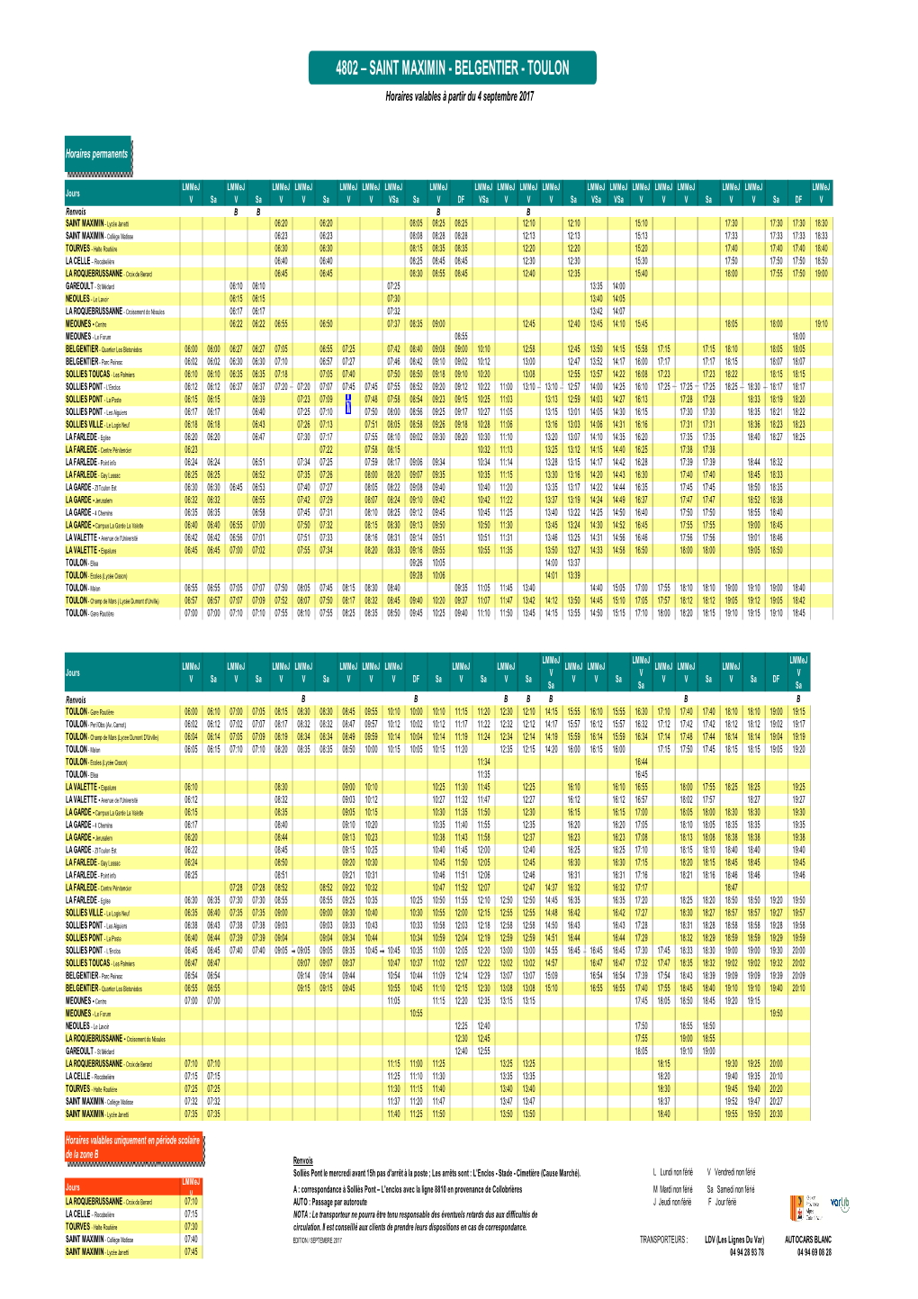 4802 – SAINT MAXIMIN - BELGENTIER - TOULON Horaires Valables À Partir Du 4 Septembre 2017