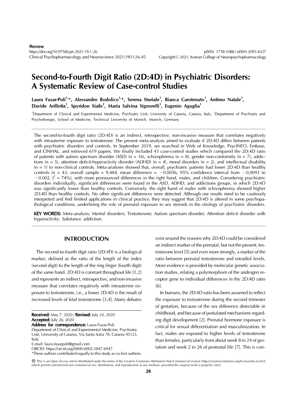 Second-To-Fourth Digit Ratio (2D:4D) in Psychiatric Disorders: a Systematic Review of Case-Control Studies