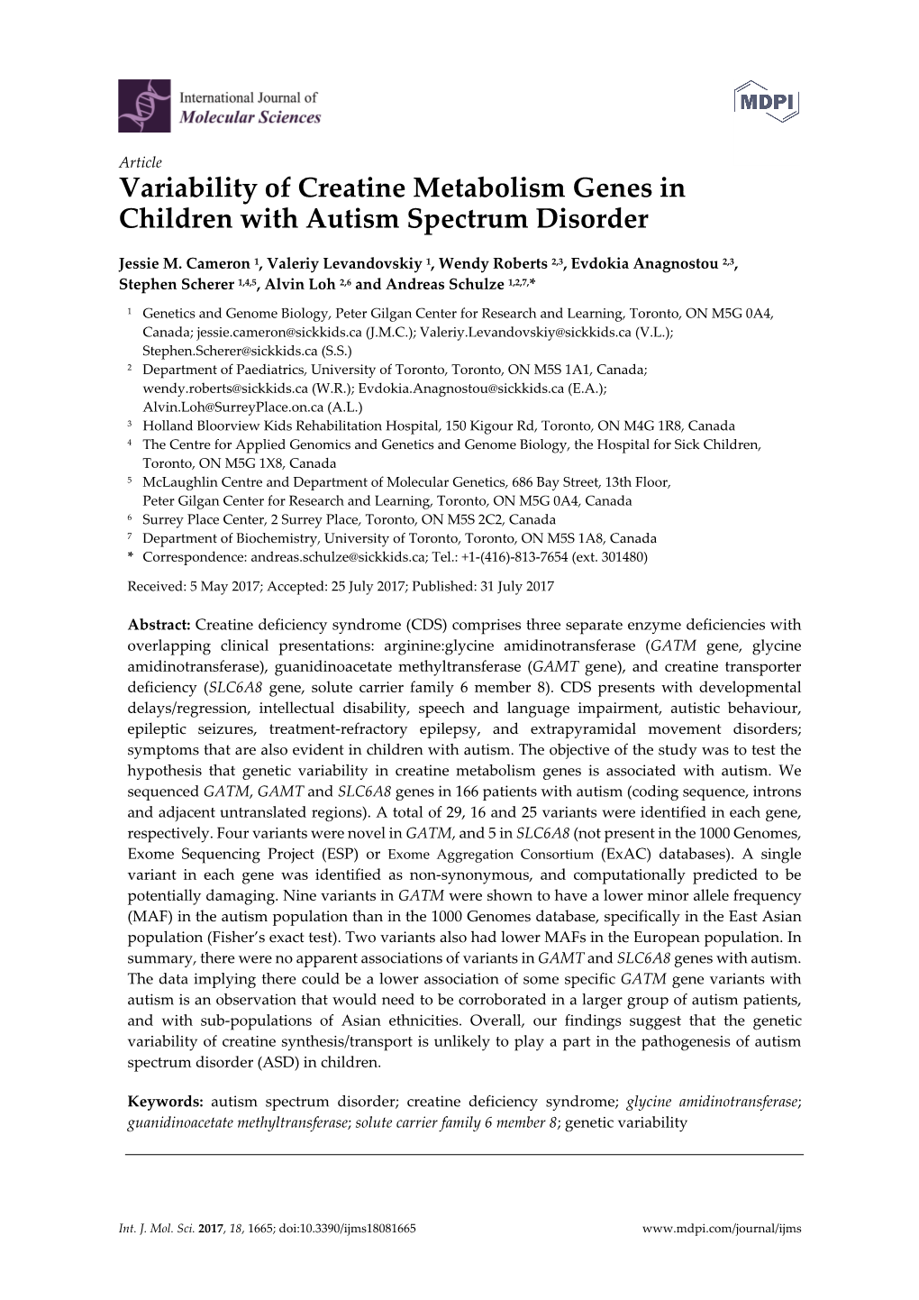 Variability of Creatine Metabolism Genes in Children with Autism Spectrum Disorder