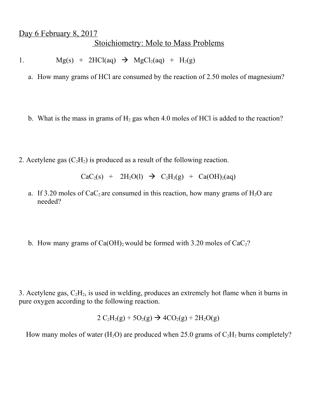 Stoichiometry: Mole to Mass Problems