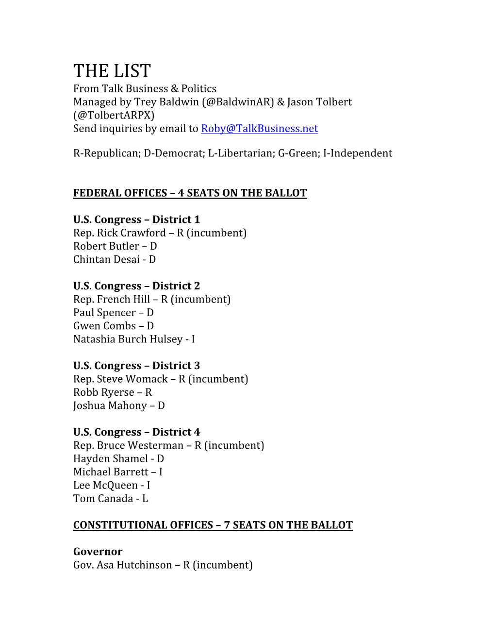 THE LIST from Talk Business & Politics Managed by Trey Baldwin (@Baldwinar) & Jason Tolbert (@Tolbertarpx) Send Inquiries by Email to Roby@Talkbusiness.Net