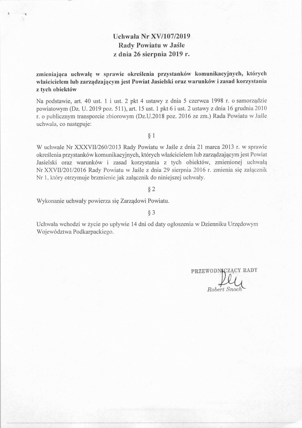Uchwała Nr XV/107/2019 Rady Powiatu W Jaśle Z Dnia 26 Sierpnia 2019 R