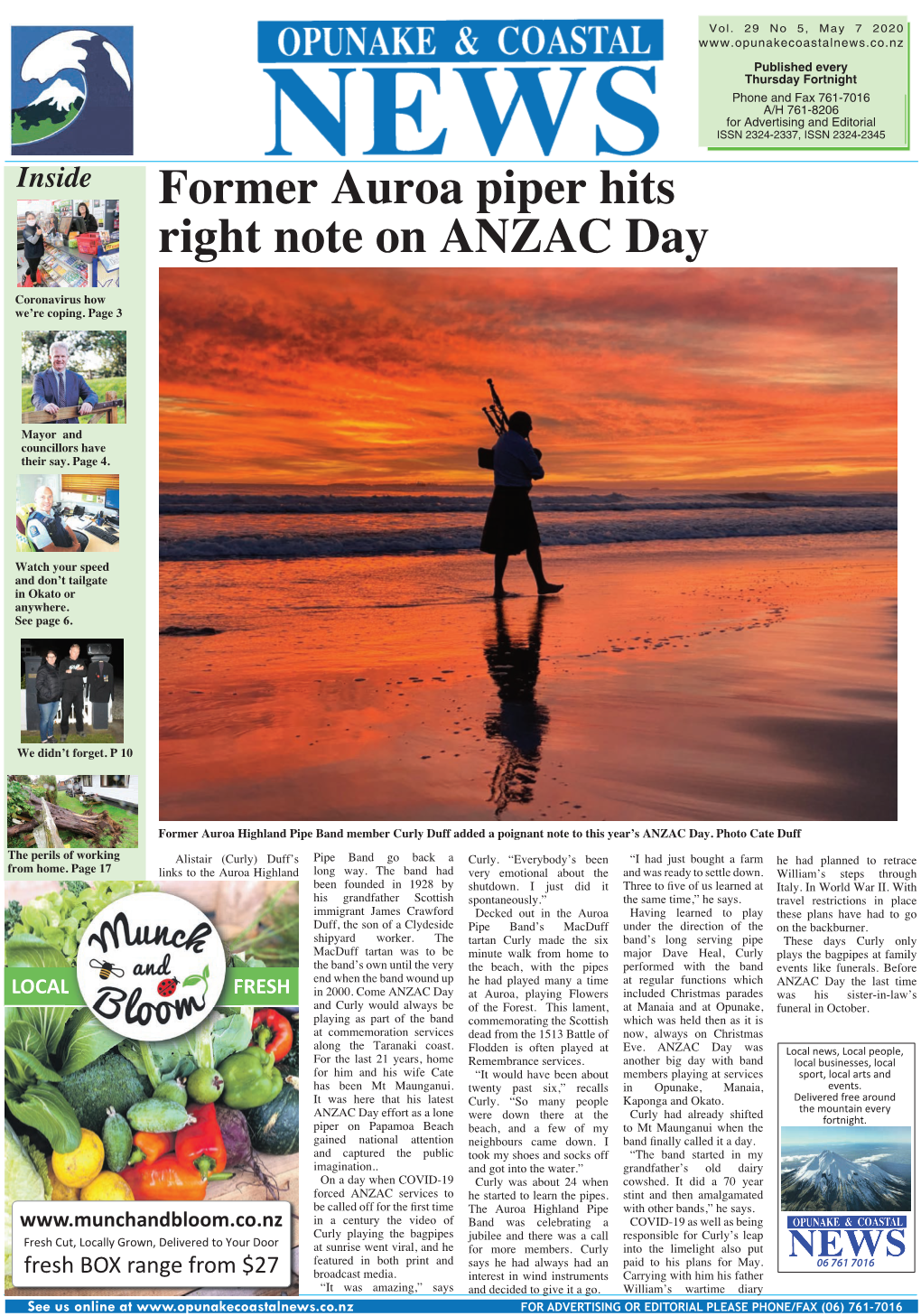 Former Auroa Piper Hits Right Note on ANZAC Day