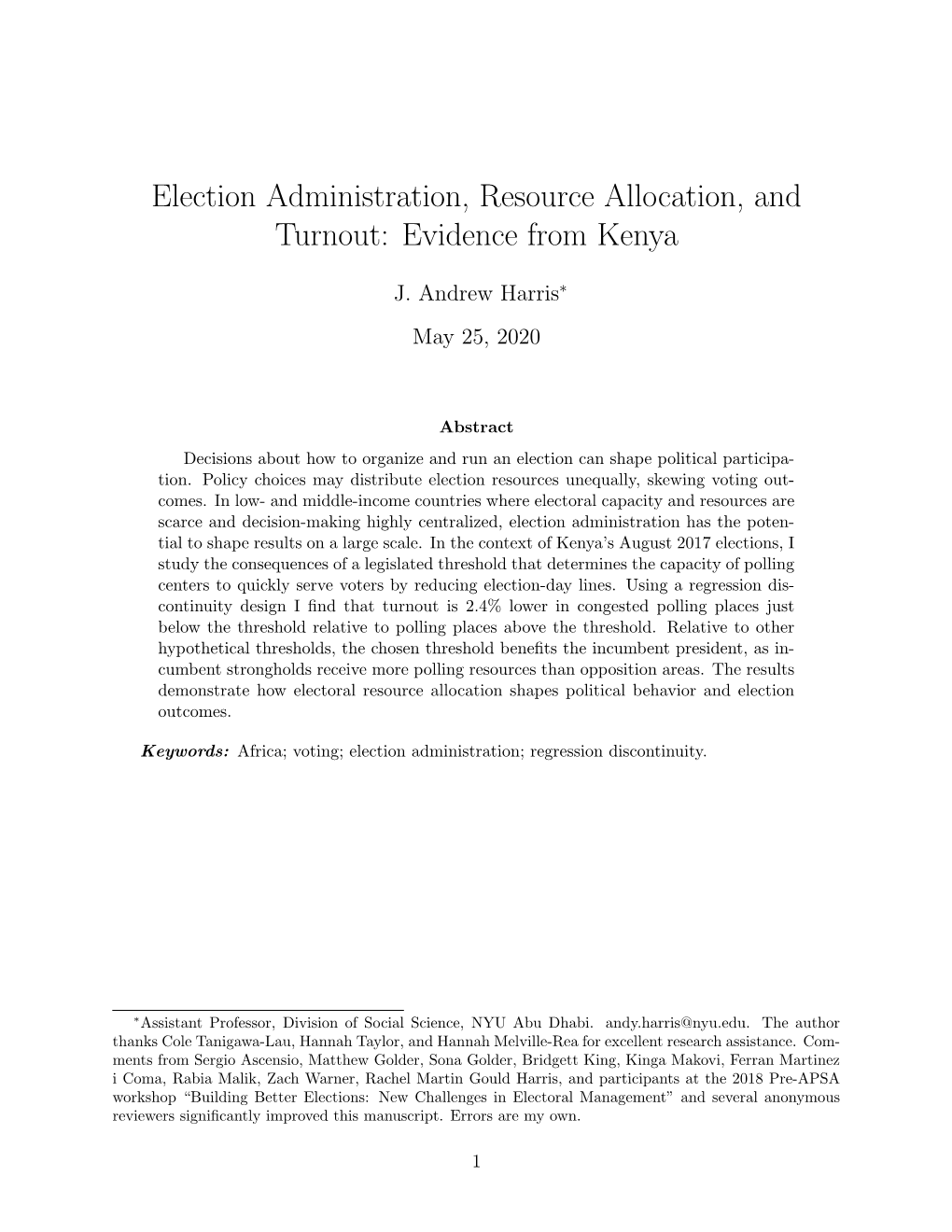 Election Administration, Resource Allocation, and Turnout: Evidence from Kenya