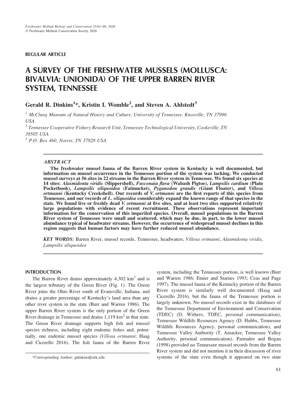 A Survey of the Freshwater Mussels (Mollusca: Bivalvia: Unionida) of the Upper Barren River System, Tennessee