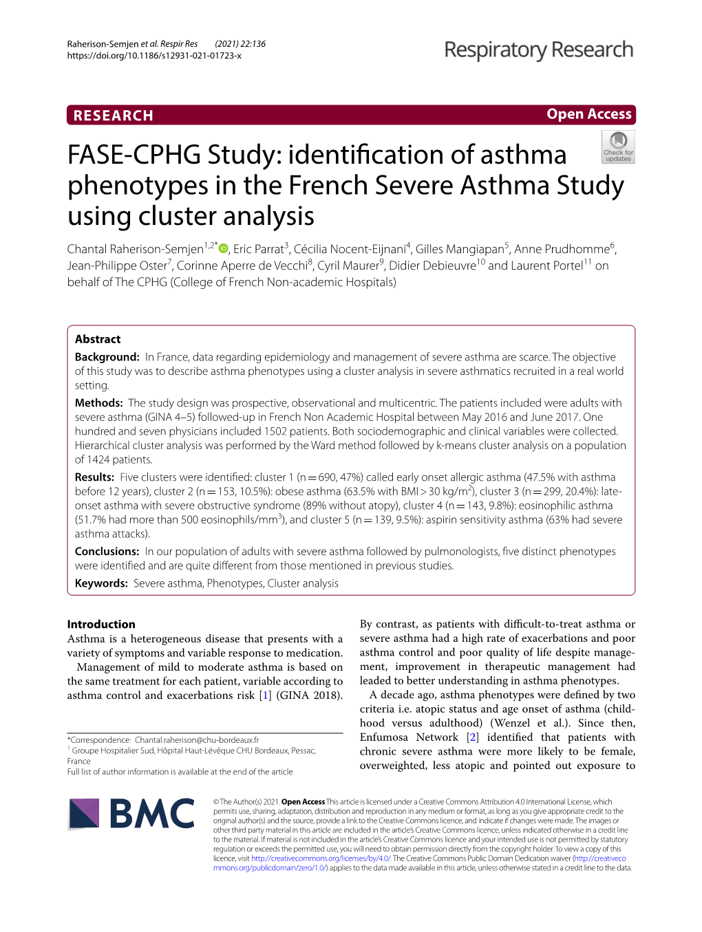 FASE-CPHG Study: Identification of Asthma Phenotypes in the French