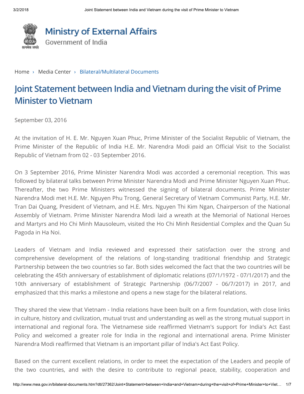 Joint Statement Between India and Vietnam During the Visit of Prime Minister to Vietnam