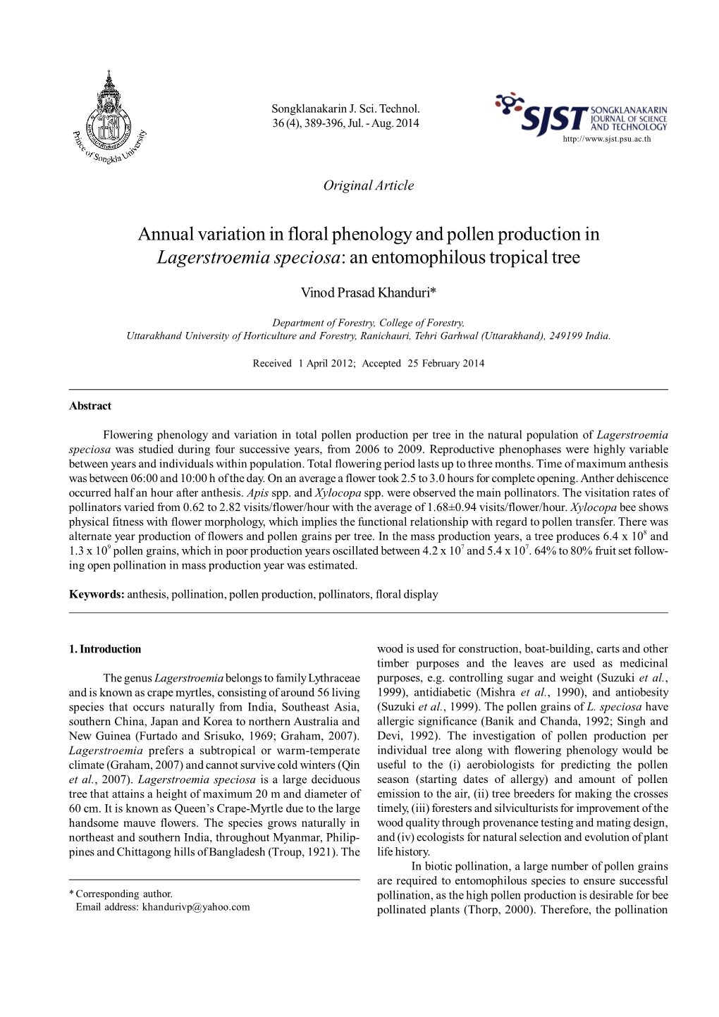 Annual Variation in Floral Phenology and Pollen Production in Lagerstroemia Speciosa: an Entomophilous Tropical Tree