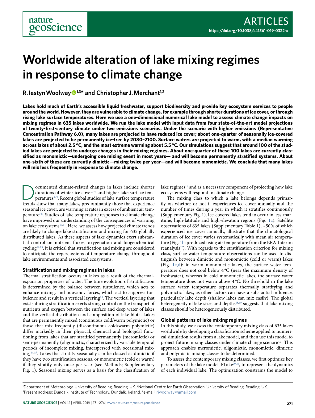 Worldwide Alteration of Lake Mixing Regimes in Response to Climate Change