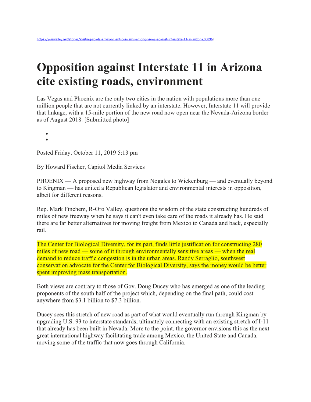 Opposition Against Interstate 11 in Arizona Cite Existing Roads, Environment