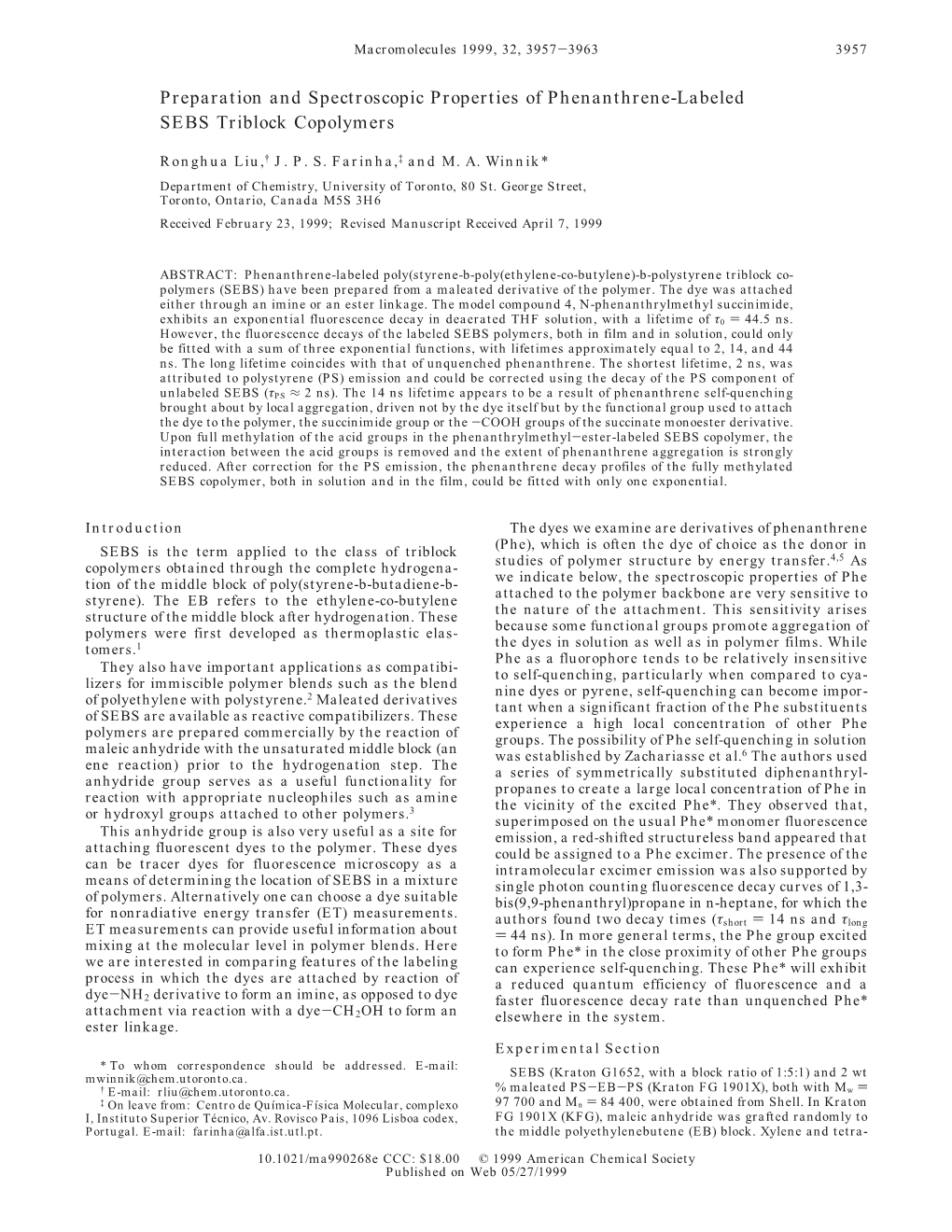 Preparation and Spectroscopic Properties of Phenanthrene-Labeled SEBS Triblock Copolymers