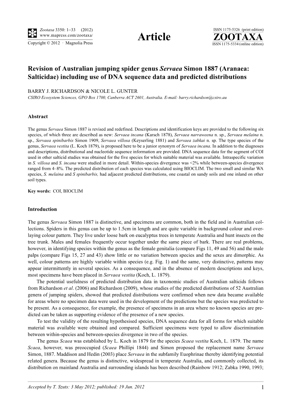 Revision of Australian Jumping Spider Genus Servaea Simon 1887 (Aranaea: Salticidae) Including Use of DNA Sequence Data and Predicted Distributions