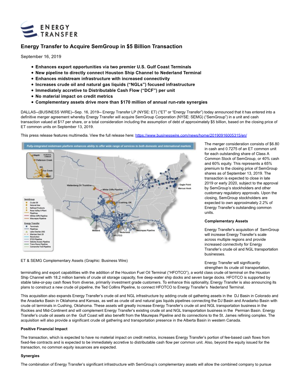 Ted Collins Pipeline, to Connect HFOTCO to Energy Transfer’S Nederland Terminal