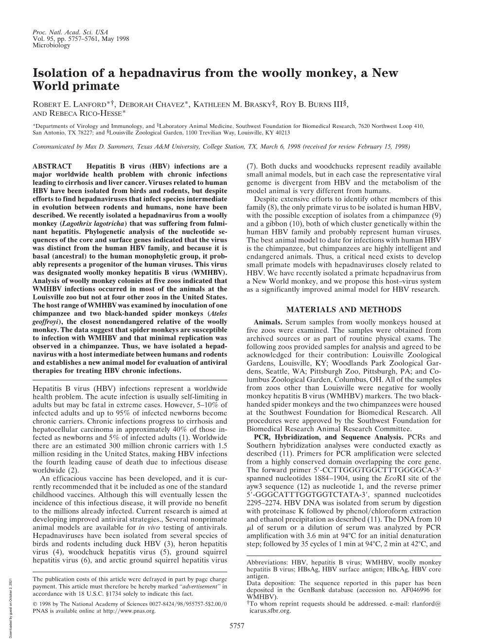 Isolation of a Hepadnavirus from the Woolly Monkey, a New World Primate