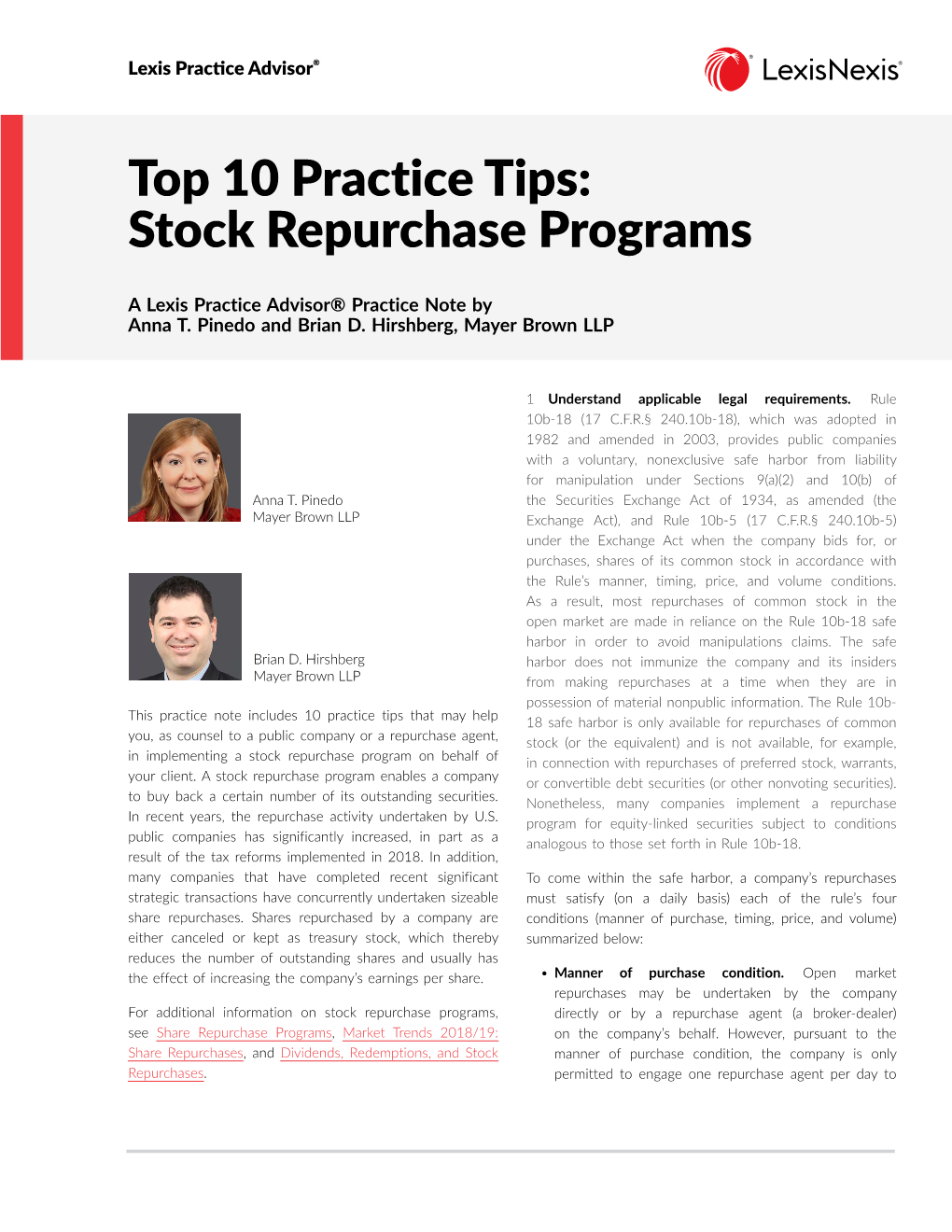 Top 10 Practice Tips: Stock Repurchase Programs
