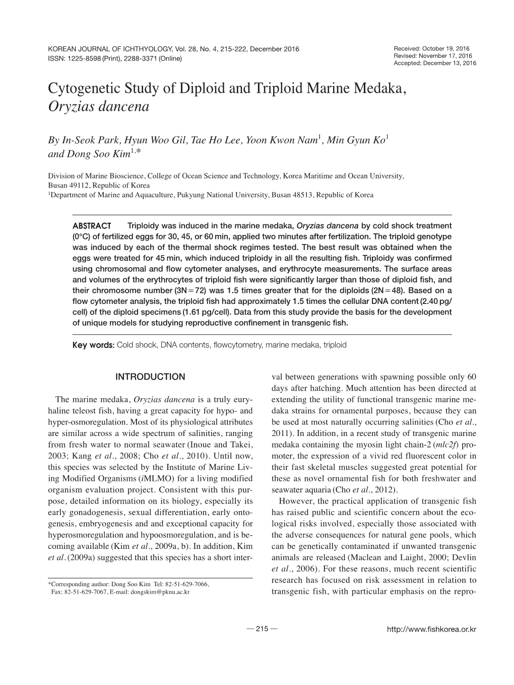Cytogenetic Study of Diploid and Triploid Marine Medaka, Oryzias Dancena
