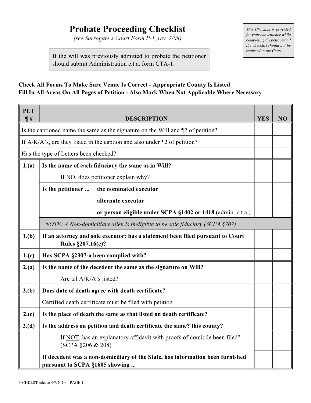 Probate Proceeding Checklist This Checklist Is Provided for Your Convenience While (See Surrogate’S Court Form P-1, Rev