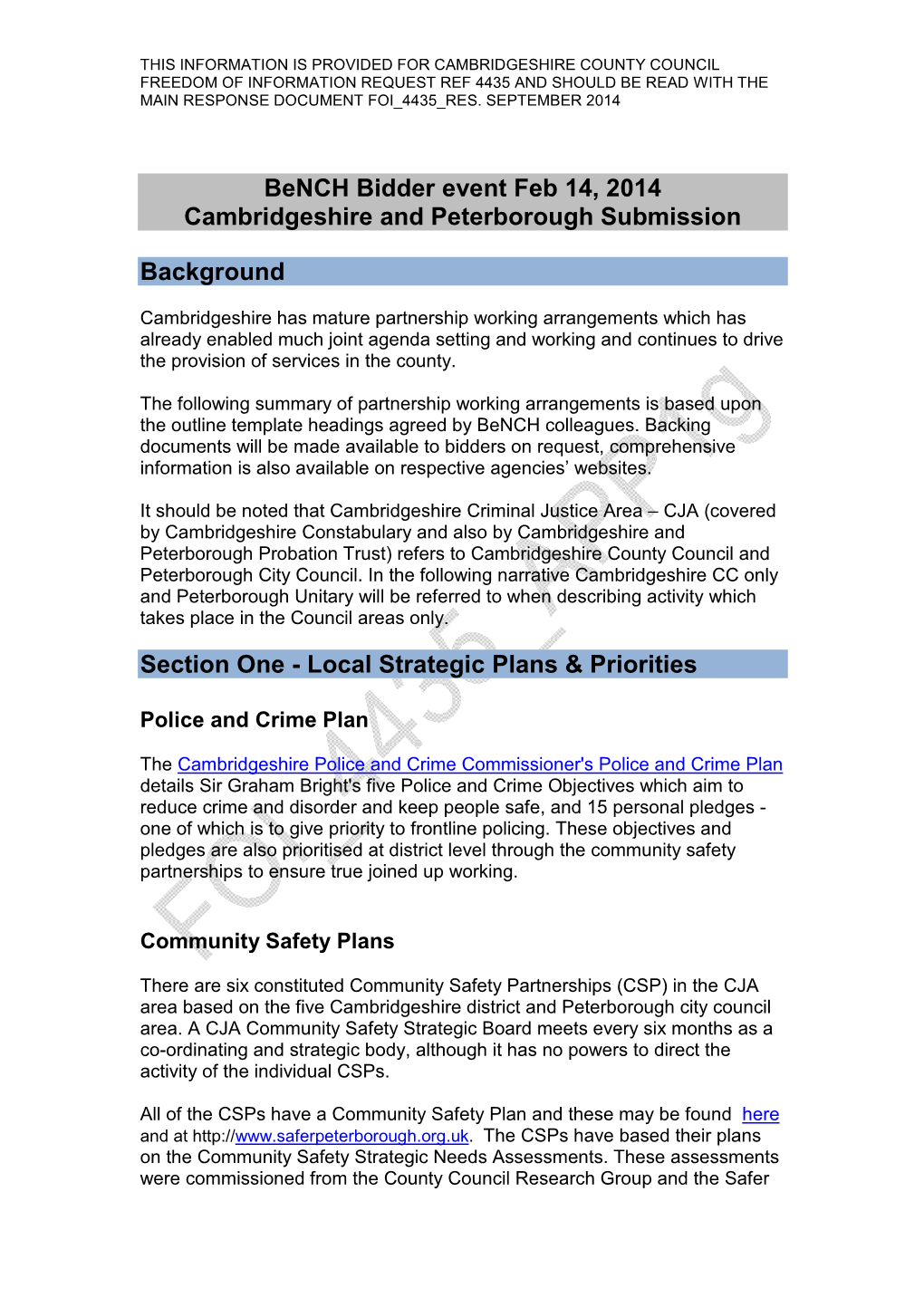 Bench Bidder Event Feb 14, 2014 Cambridgeshire and Peterborough Submission Background Section