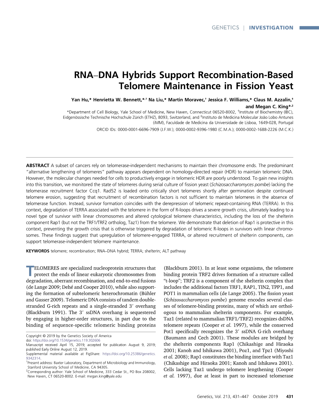 RNA–DNA Hybrids Support Recombination-Based Telomere Maintenance in Fission Yeast